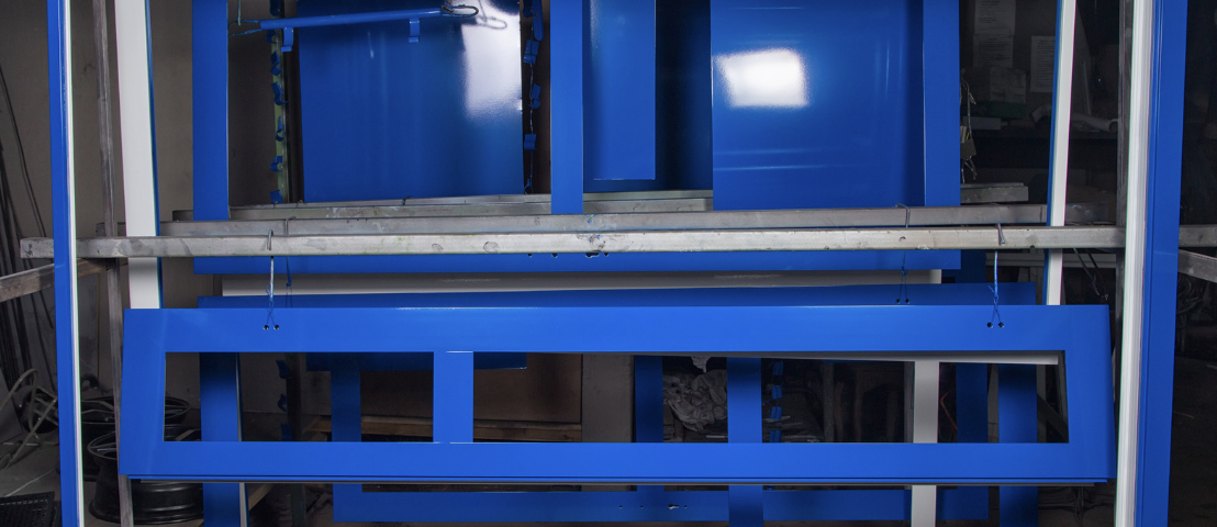 blue powder coat on metal fabricated frame