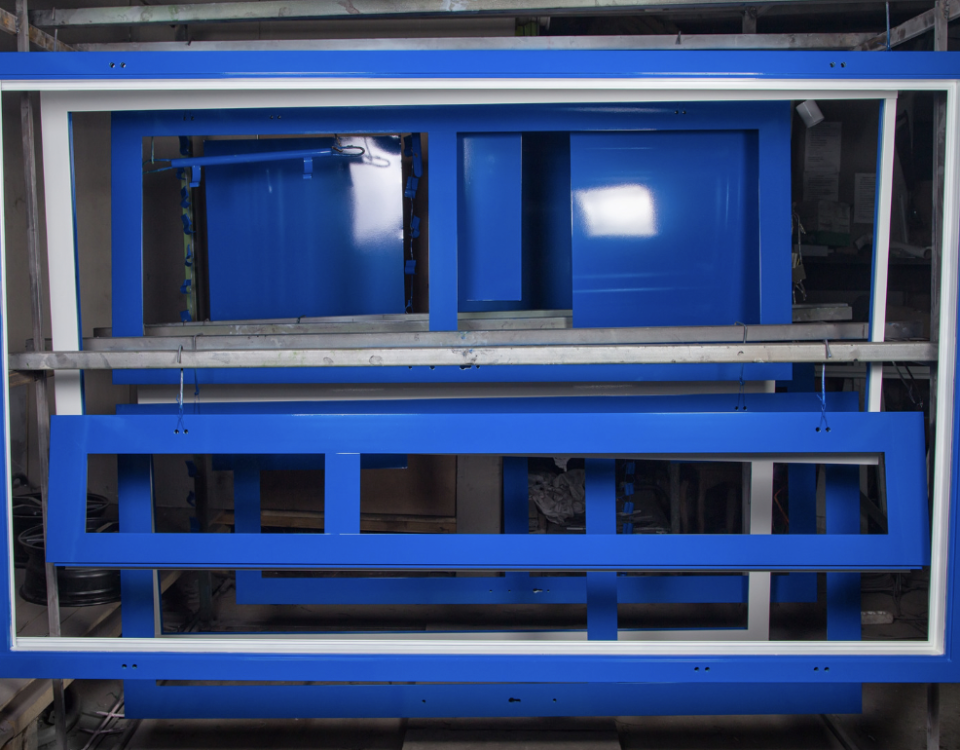 blue powder coat on metal fabricated frame