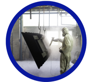 Industrial Powder Coating Booth with Worker Spraying Paint