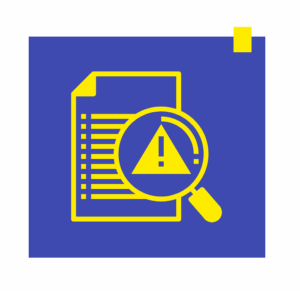 Yellow icon of a document with a warning triangle under a magnifying glass on a blue background