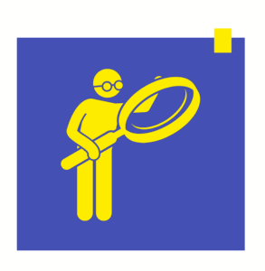 Yellow icon of a person inspecting with a magnifying glass on a blue background