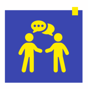 Yellow icon of two people talking with speech bubbles on a blue background