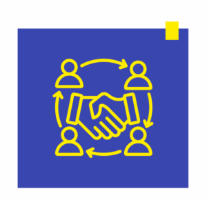 Yellow icon of a handshake surrounded by team member icons and arrows on a blue background