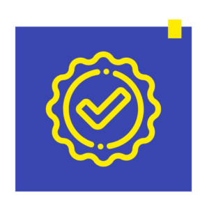 yellow icon of a checkmark in a badge symbol on a blue background