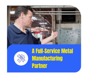 A Full-Service Metal Manufacturing Partner - Accurate Metal Stamping A man gestures toward a fabricated metal part inside a manufacturing facility, highlighting full-service metal manufacturing capabilities.