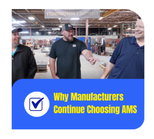 Why Manufacturers Continue Choosing AMS - Accurate Metal Stamping Three men talk and laugh inside a manufacturing facility, representing the trust, service, and reliability that keep manufacturers choosing AMS.