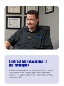 - Accurate Metal Stamping AMS team member discussing services as a Contract Manufacturer for metal fabrication, welding, finishing, and assembly in the Metroplex.