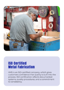 - Accurate Metal Stamping AMS technician working on a metal part during ISO certified metal fabrication and quality control.