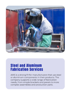 - Accurate Metal Stamping AMS welder fabricating steel and aluminum components for custom metal manufacturing projects.