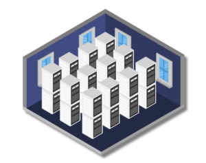 Server Rack Room Illustration - Accurate Metal Stamping Data Center server racks arranged in rows inside a secure equipment room