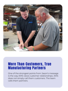 - Accurate Metal Stamping AMS team members reviewing project details on the shop floor for custom metal fabrication.