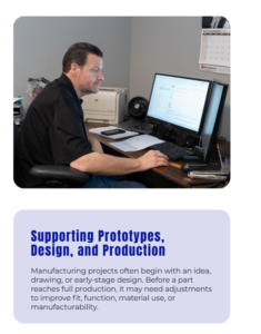 - Accurate Metal Stamping AMS team member reviewing production details at a computer for prototype and metal fabrication support.
