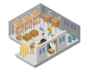 Warehouse Storage Illustration - Accurate Metal Stamping Organized warehouse with packaged components for Data Center manufacturing and assembly support